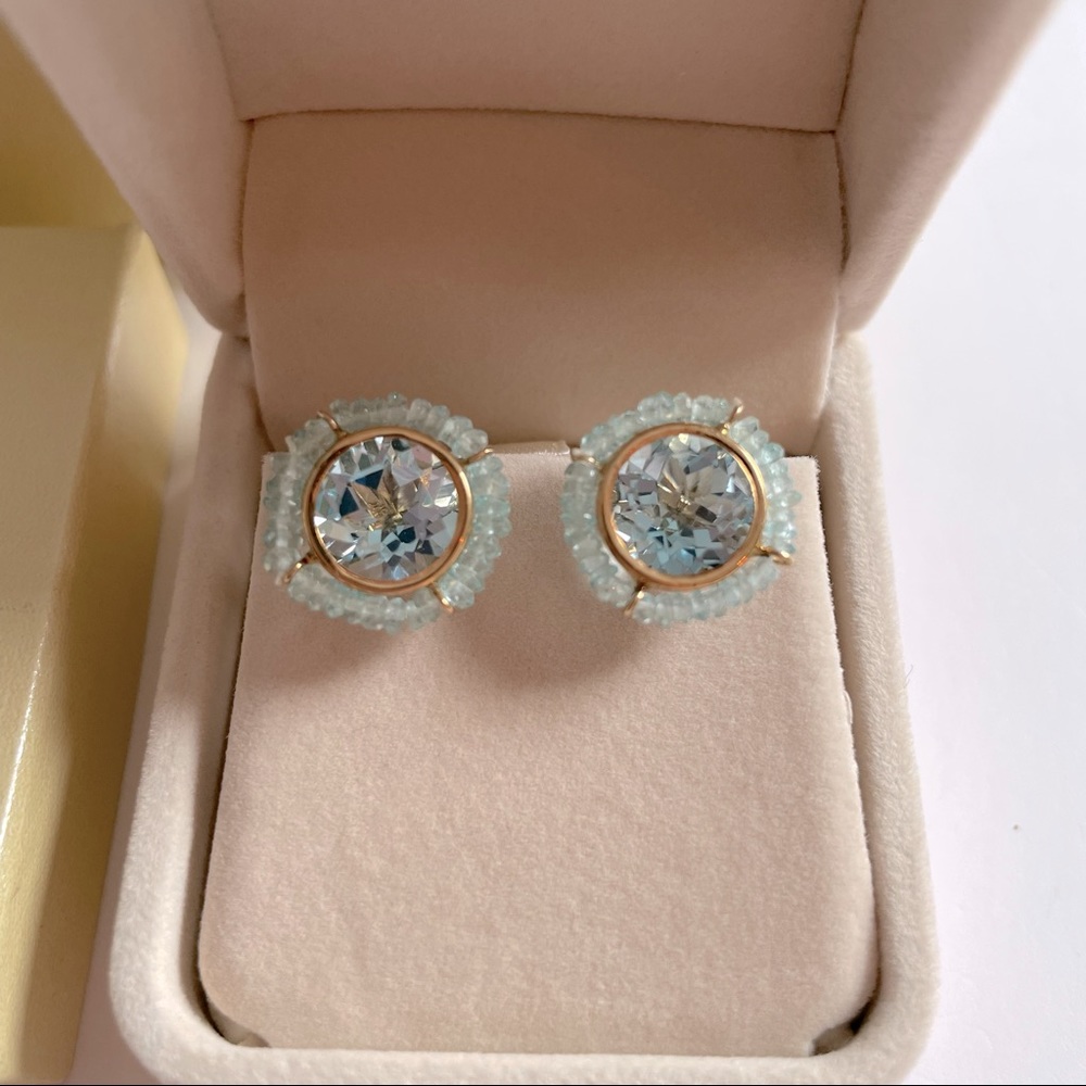 New 14k yellow gold blue topaz handcrafted earrings from charm diamond centres